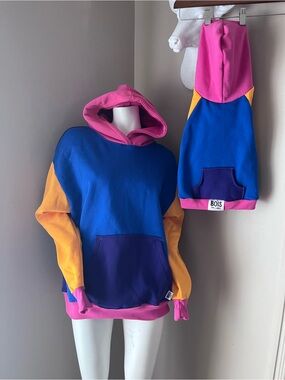 Colour block Hoodie in Blue, Pink & Yellow and Matching Dog hoodie